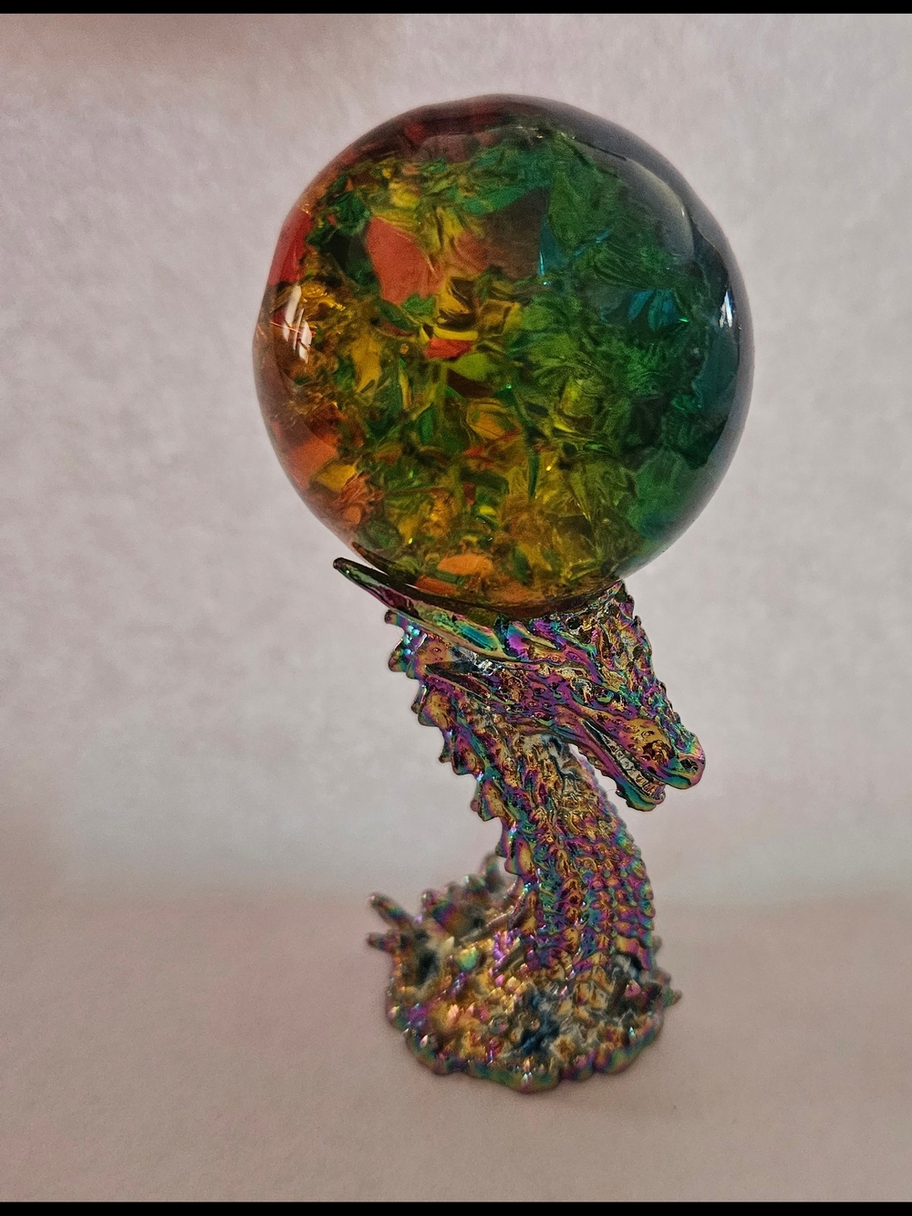 Iridescent Dragon Sphere Stand with Rainbow Crackle Glass Orb